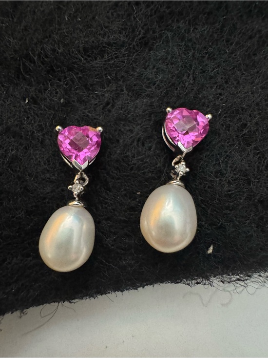Jewelry - Fine jewelry 10k white gold, pink sapphire and fresh water pearl earrings